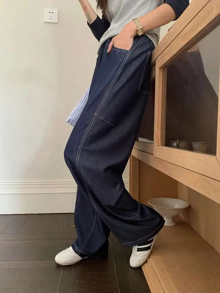 High Elastic Waist Navy Blue Long Casual Denim Wide Leg Pants New Trousers Women Fashion Tide Spring Autumn 2025 1DJ0357