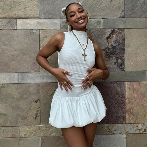 Load image into Gallery viewer, Hollow Out Backless Sleeveless Mini Dress For Women Summer New Fashion Solid O Neck Slim Pleated Dress Elegant 2024
