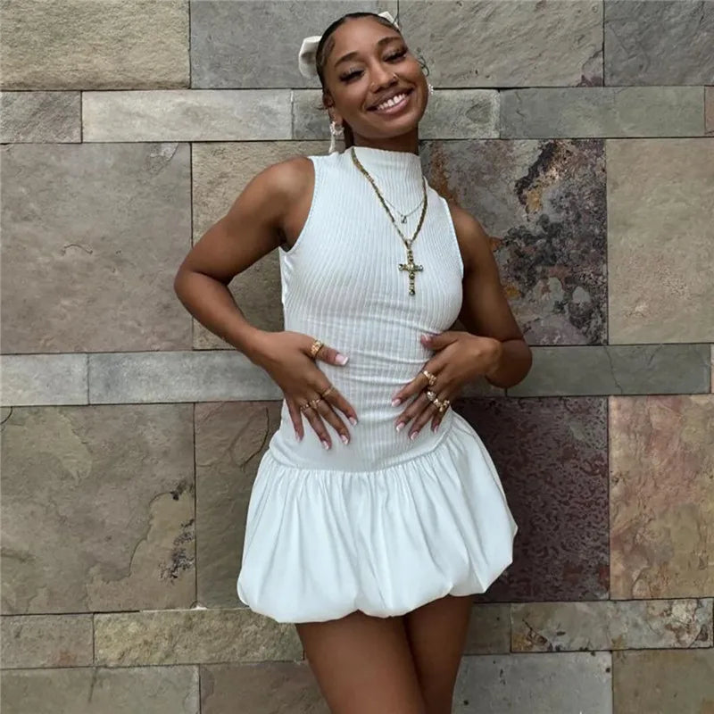 Hollow Out Backless Sleeveless Mini Dress For Women Summer New Fashion Solid O Neck Slim Pleated Dress Elegant 2024