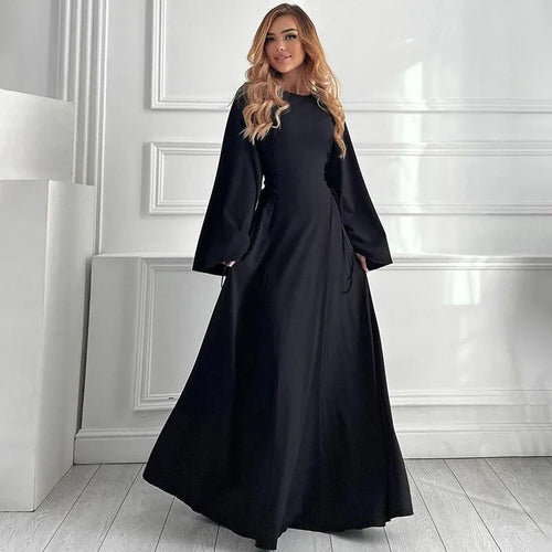 Load image into Gallery viewer, Ribbed Bandage Sexy Maxi Dress For Women Solid Lace-up O Neck Long Sleeve High Waist Elegant Long Dress Fashion

