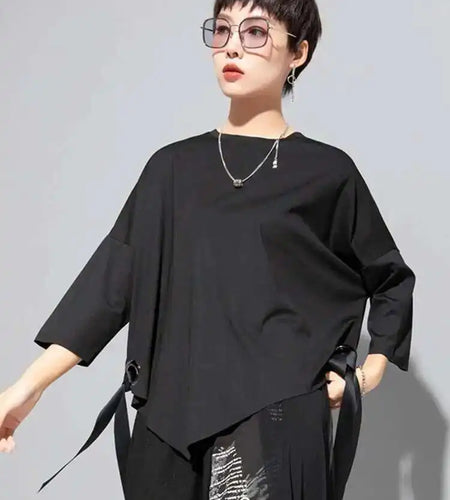 Women Black Ribbon Big Size T-shirt New Round Neck Three-quarter Batwing Sleeve Fashion Tide Spring Autumn 2025  1DF8422