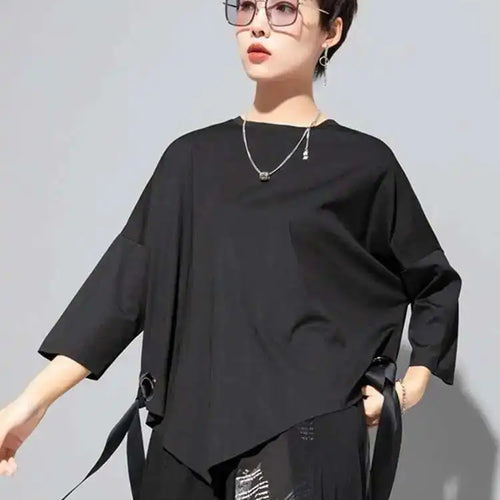 Load image into Gallery viewer, Women Black Ribbon Big Size T-shirt New Round Neck Three-quarter Batwing Sleeve Fashion Tide Spring Autumn 2025  1DF8422
