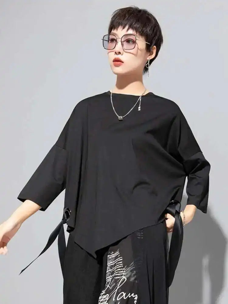 Women Black Ribbon Big Size T-shirt New Round Neck Three-quarter Batwing Sleeve Fashion Tide Spring Autumn 2025  1DF8422