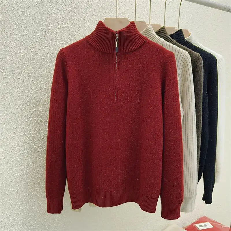 Simplicity 2024 Autumn Winter Solid Velvet Elegant Festival Sweater Korean Fashion Women Long Sleeve Half Zipper Knit Tops Thick