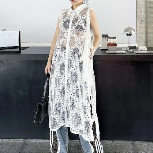 Load image into Gallery viewer, Women White Lace Perspective Ruffles Big Size Shirt Dress New Lapel Sleeveless Fashion Tide Spring Summer 2025 1DH6069
