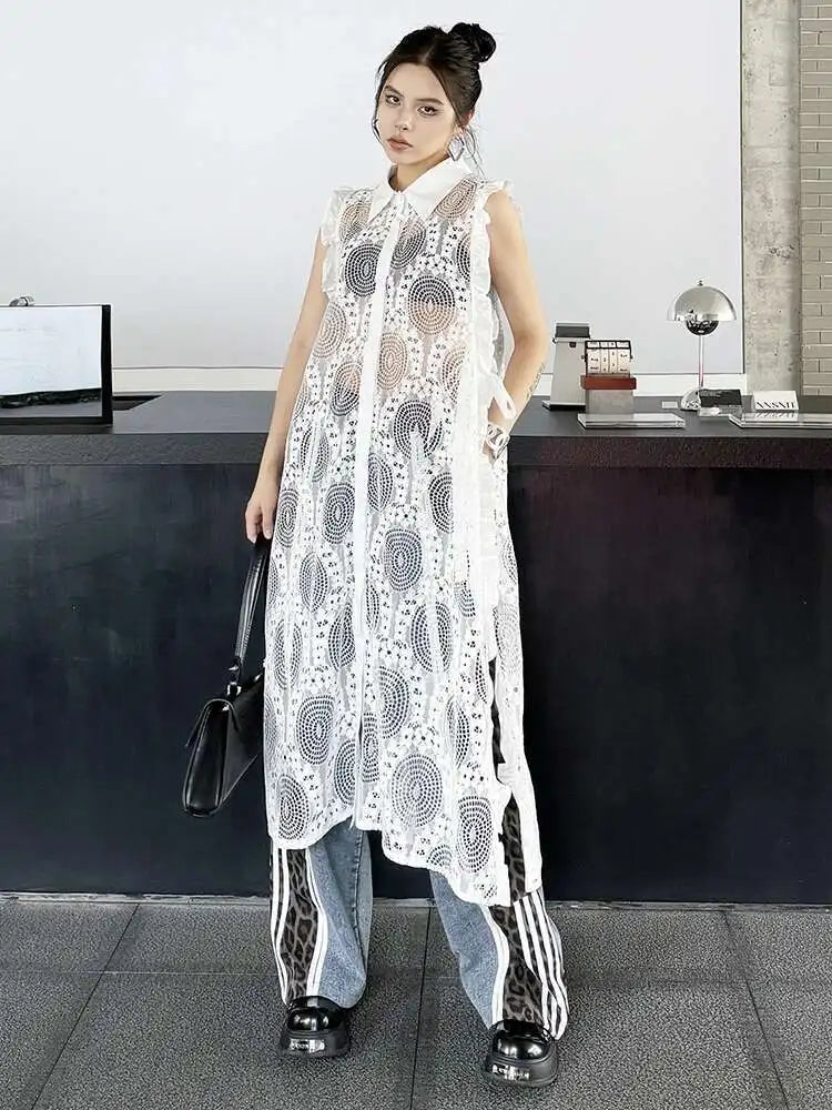 Women White Lace Perspective Ruffles Big Size Shirt Dress New Lapel Sleeveless Fashion Tide Spring Summer 2025 1DH6069