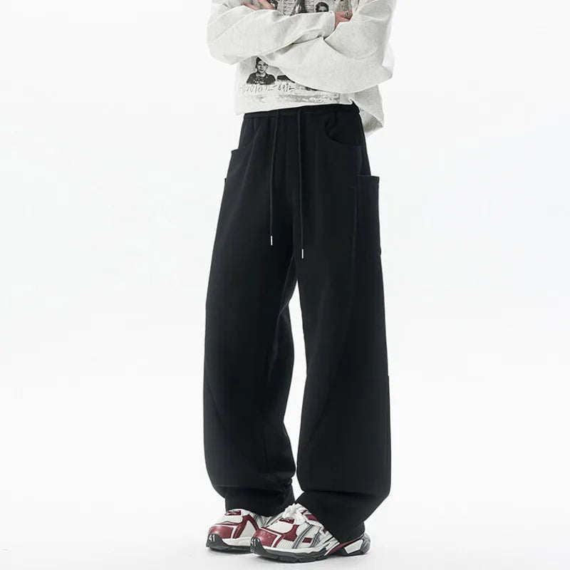 Summer Men's Sweatpants Straight Wide Leg Elastic Waist Style Fashion Solid Color Trousers Men Bottoms Pockets 9W1398