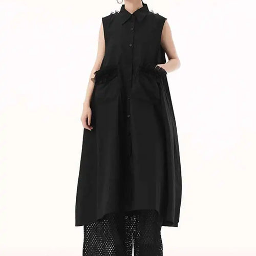 Load image into Gallery viewer, Women White Mesh Color-block Backless Big Size Shirt Dress New Lapel Sleeveless Fashion Tide Spring Summer 2025 1DH9518
