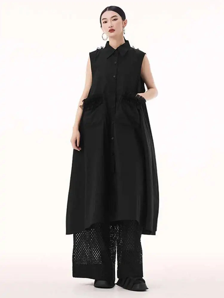 Women White Mesh Color-block Backless Big Size Shirt Dress New Lapel Sleeveless Fashion Tide Spring Summer 2025 1DH9518