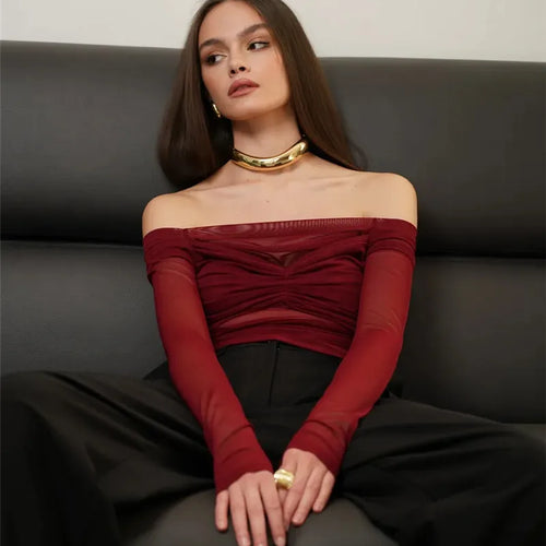 Load image into Gallery viewer, Summer Mesh Off-shoulder T-shirt Women Fashion Pleated Bust Backless Tees Tops Female Elegant Strapless See Through Top
