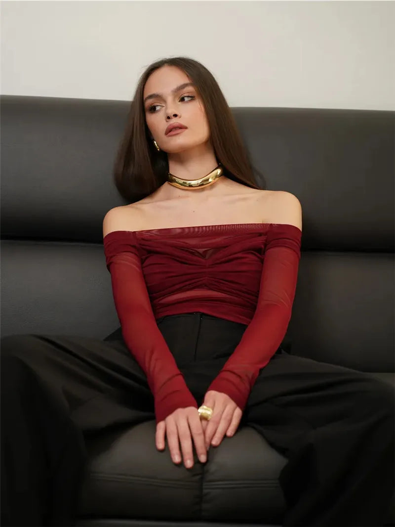 Summer Mesh Off-shoulder T-shirt Women Fashion Pleated Bust Backless Tees Tops Female Elegant Strapless See Through Top