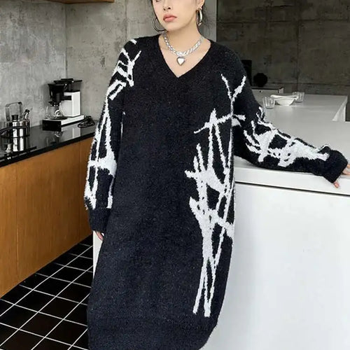 Load image into Gallery viewer, Women Black Pattern Thick Warm Big Size Sweater Dress New V-Neck Long Sleeve Fashion Tide Spring Autumn 2025 1DH8735

