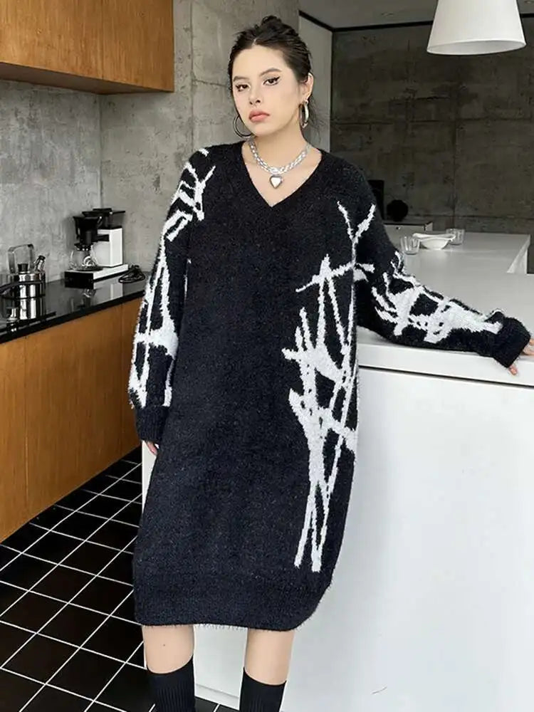 Women Black Pattern Thick Warm Big Size Sweater Dress New V-Neck Long Sleeve Fashion Tide Spring Autumn 2025 1DH8735