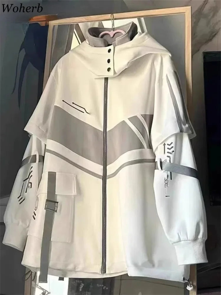 Japanese Oversized Hoodies Streetwear Vintage Contrast Coats Women Loose Y2k Aesthetic Jackets 2025 Casual Grunge Zipper Tops