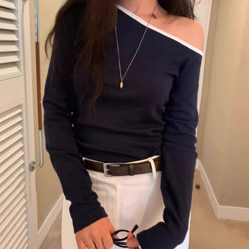 Load image into Gallery viewer, Spring Streetwear Slash Neck Off Shoulder Sexy T-shirts Harajuku Patchwork Vintage Bodycon Tops Women Y2k Aesthetic Grunge Tees
