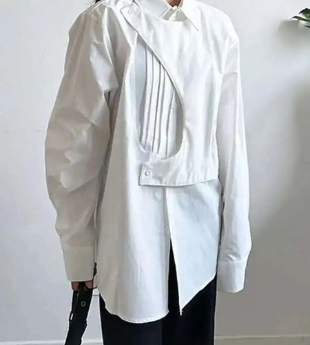 Women White Pleated Irregular Big Size Casual Blouse New Lapel Long Sleeve Shirt Fashion Tide Spring Autumn 2025 1DH6894