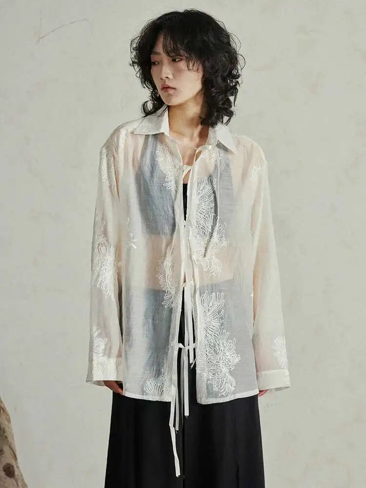 Women Black Printed Perspective Big Size Thin Blouse New Lapel Long Sleeve Shirt Fashion Tide Spring Autumn 2025 1DH4976