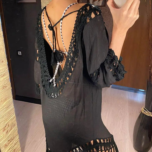 Load image into Gallery viewer, Sexy Backless Hollow Out Fringe Tassel Tunic Beach Cover Up Cover-ups Beach Dress Beach Wear Beachwear Female Women V2650
