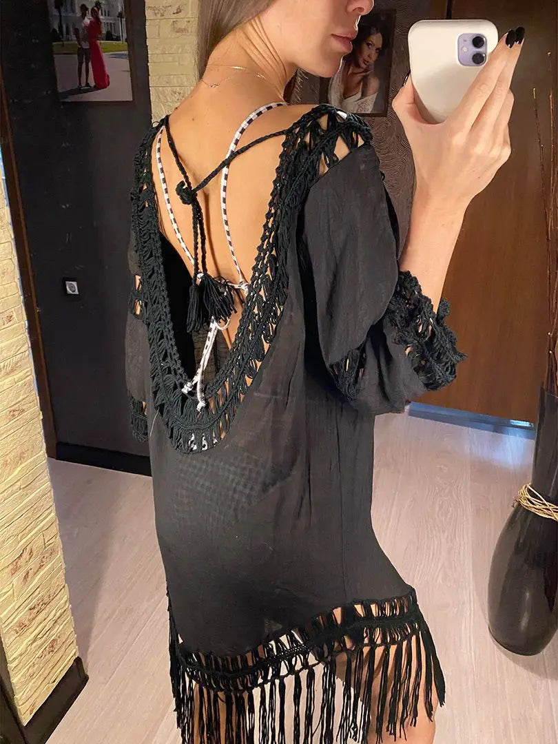 Sexy Backless Hollow Out Fringe Tassel Tunic Beach Cover Up Cover-ups Beach Dress Beach Wear Beachwear Female Women V2650