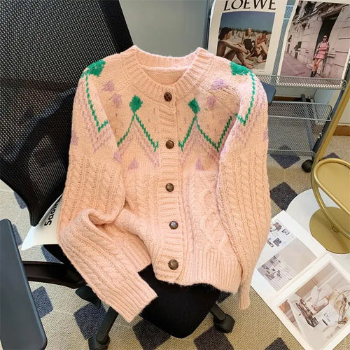 Load image into Gallery viewer, Autumn Winter Vintage White Patchwork Cardigan Sweater Women Korean Pink Single-breasted Long Sleeved Elegant Knitted Tops Thick
