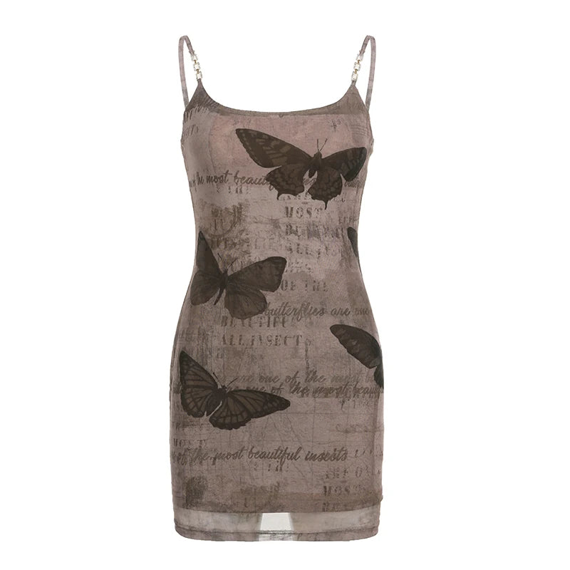 Grunge Fairycore Butterfly Printed Mesh Dress Bodycon Strap Y2K Vintage Party Summer Dresses Mini Aesthetic Sundress