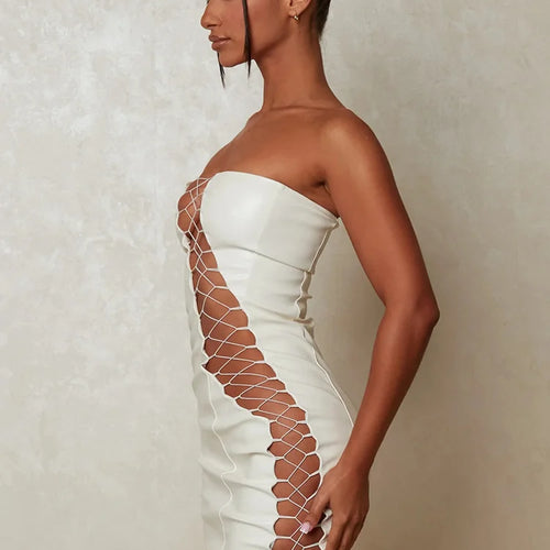 Load image into Gallery viewer, Hollow Out PU Leather Sexy Mini Dresses For Women Strapless Sleeveless Backless Bodycon Party Short Dress Vestido
