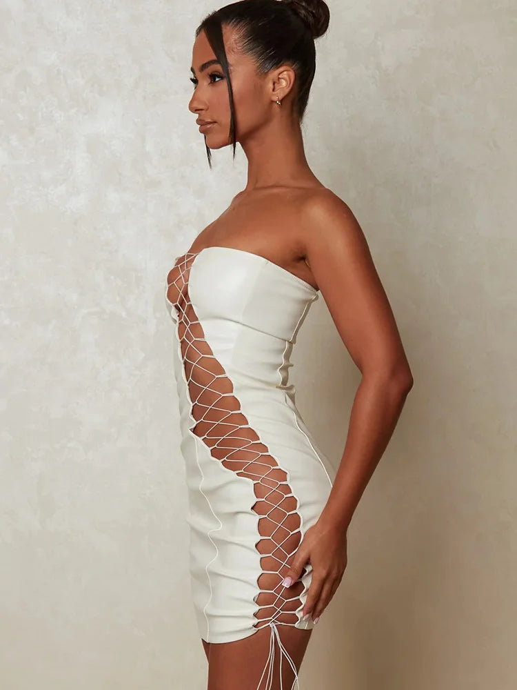 Hollow Out PU Leather Sexy Mini Dresses For Women Strapless Sleeveless Backless Bodycon Party Short Dress Vestido