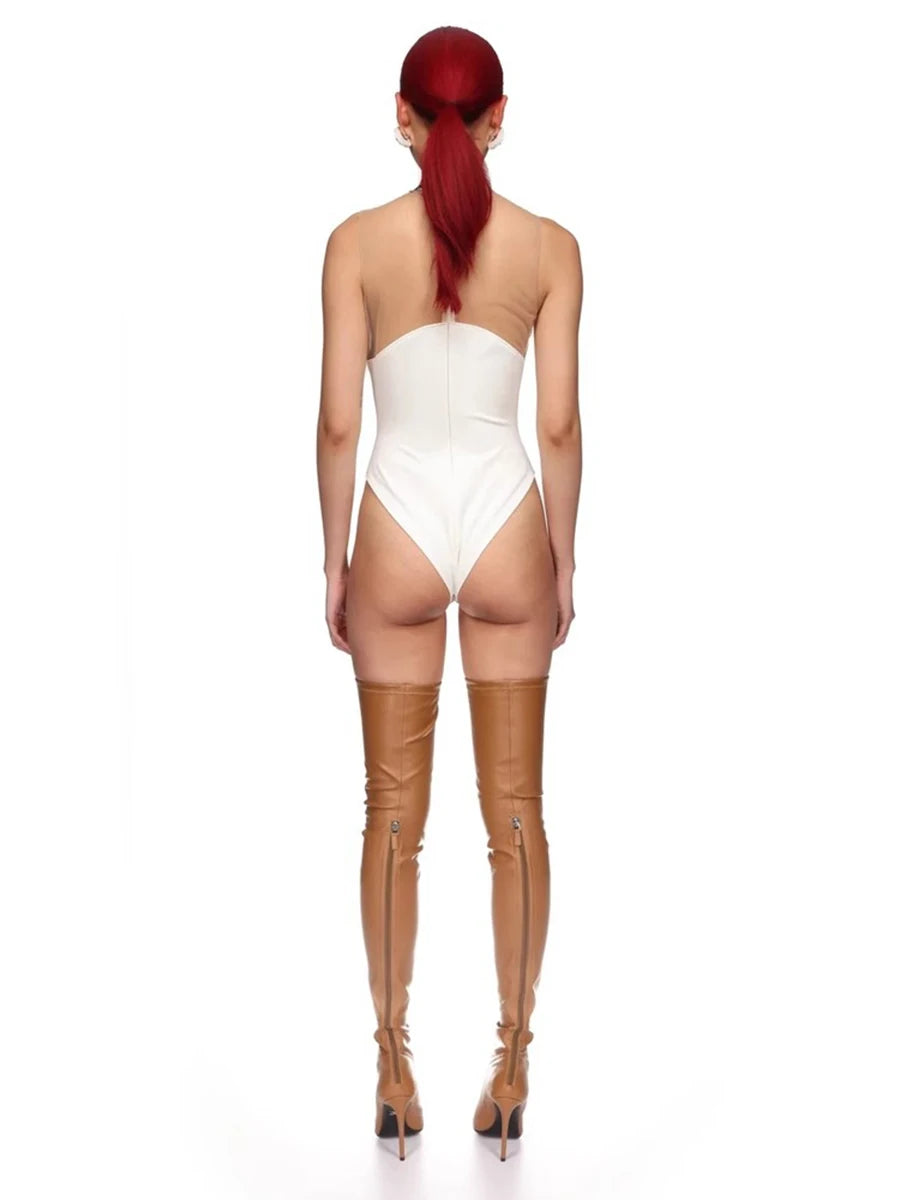 Solid Spliced Mesh Slimming Jumpsuit For Women O Collar Sleeveless High Waist Minimalist Jumpsuits Female Fashion