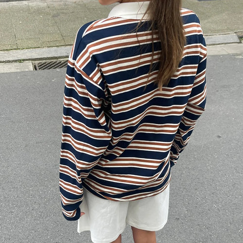 Load image into Gallery viewer, y2k Clothes Tops Women Fashion Striped Turn-down Collar Buttons Long Sleeve Loose T-shirts 2000s Clothing Streetwear
