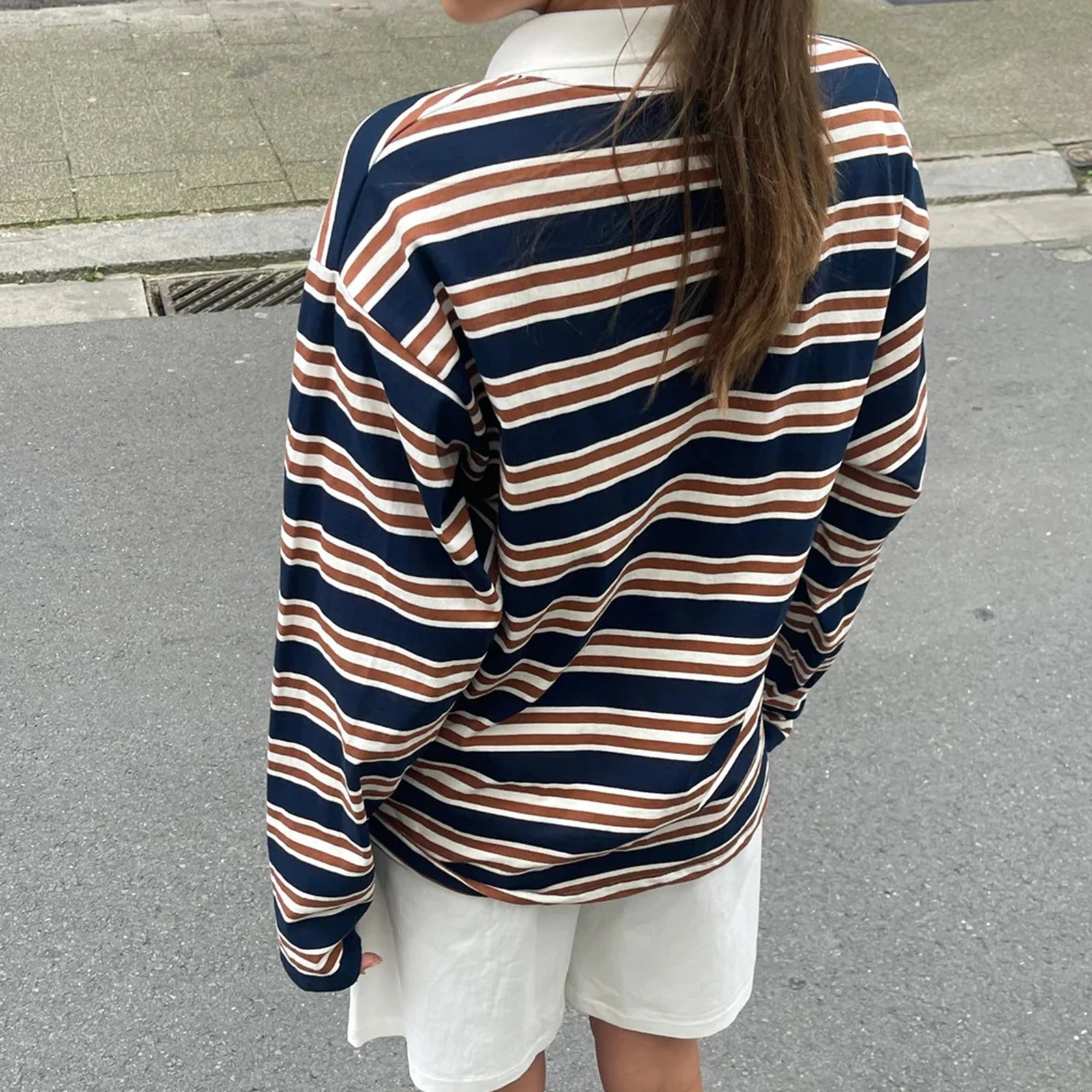 y2k Clothes Tops Women Fashion Striped Turn-down Collar Buttons Long Sleeve Loose T-shirts 2000s Clothing Streetwear