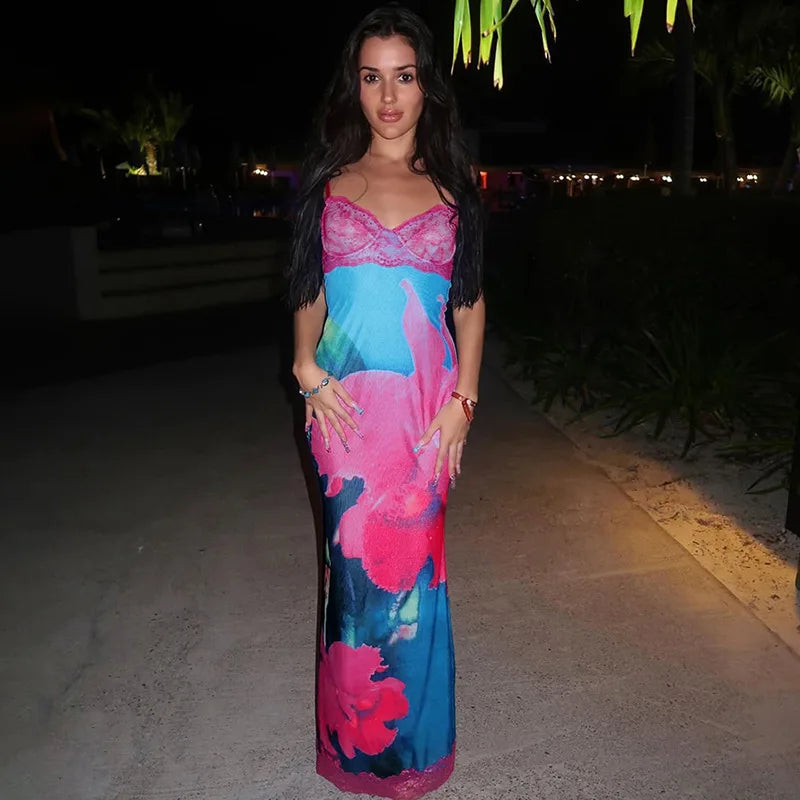 Spaghetti Strap Print Sexy Maxi Dress For Women Fashion Sleeveless Backless Bodycon Club Printed Long Dress Elegant