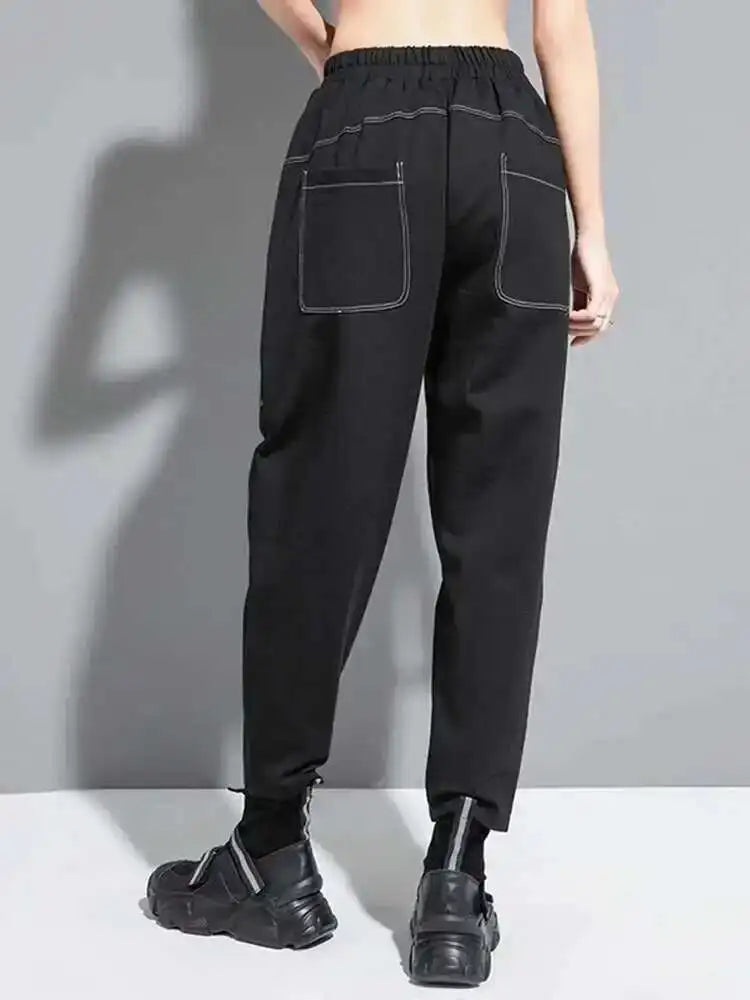 High Elastic Waist Black Pocket Topstitched Long Harem Pants New Trousers Women Fashion Tide Spring Autumn 2025 1DH7067