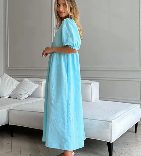 Short Puff Sleeve Maxi Dress For Women Fashion Autumn New Blue V Neck Loose Basic Casual Long Dress Elegant Gown