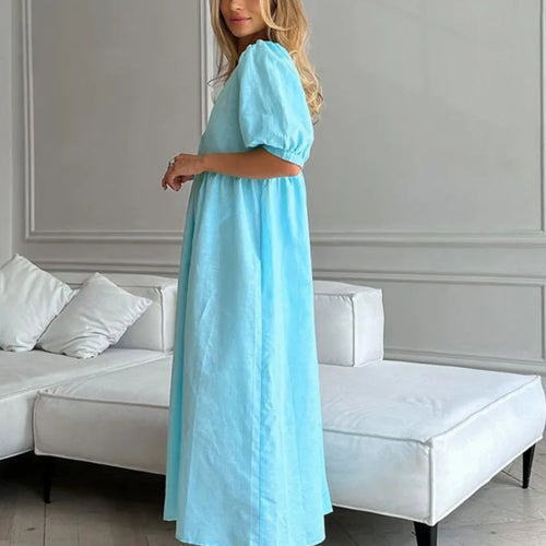 Load image into Gallery viewer, Short Puff Sleeve Maxi Dress For Women Fashion Autumn New Blue V Neck Loose Basic Casual Long Dress Elegant Gown
