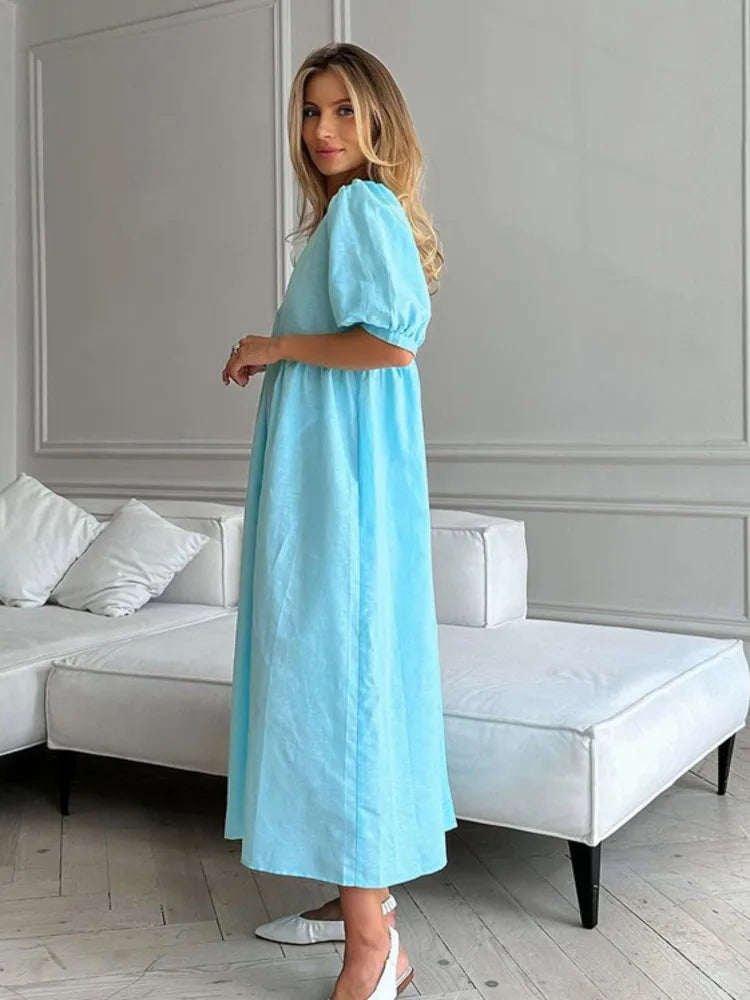 Short Puff Sleeve Maxi Dress For Women Fashion Autumn New Blue V Neck Loose Basic Casual Long Dress Elegant Gown