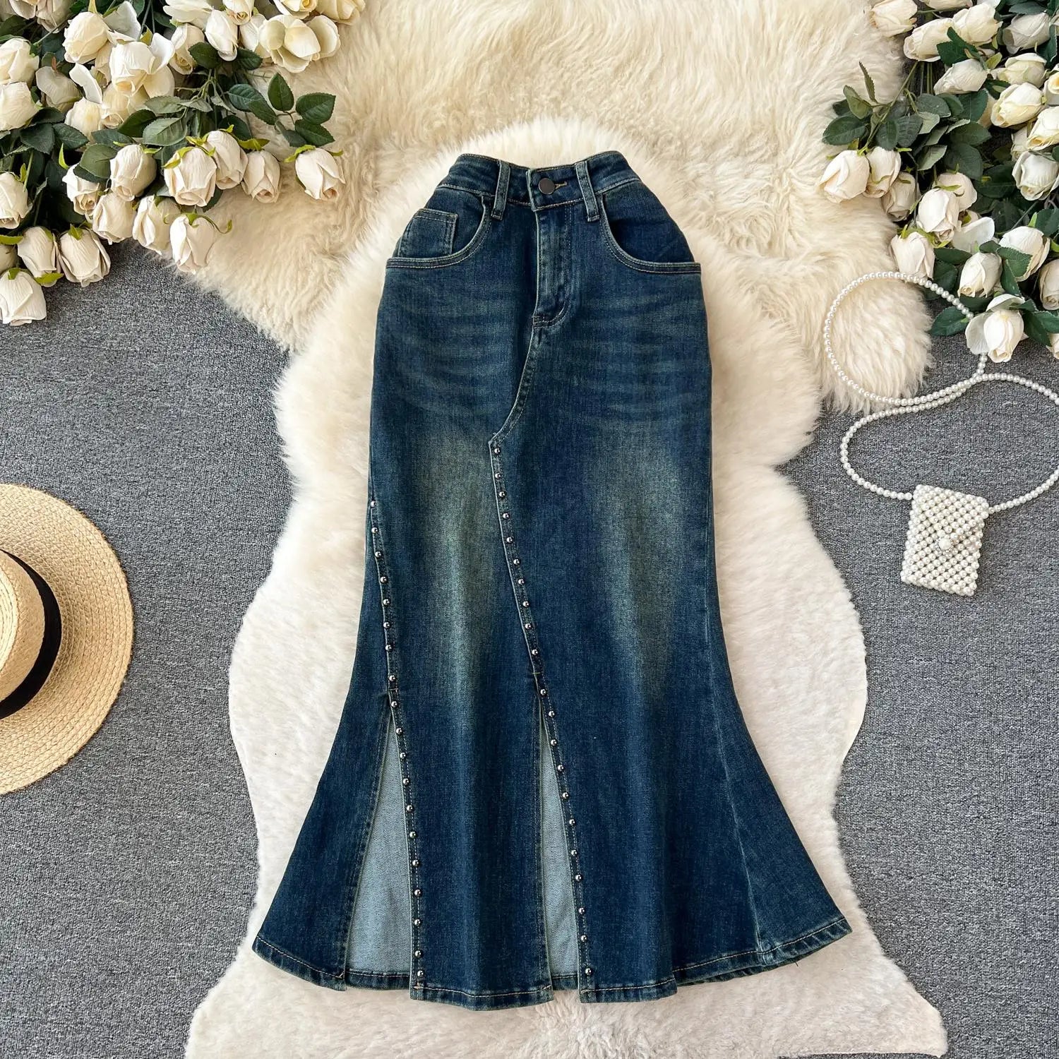2023 New Women's Rivet Denim Split Long Skirt High Waist Blue Mermaid Jeans Skirts Female A-line Wrapped Hip Fishtail Skirt Chic