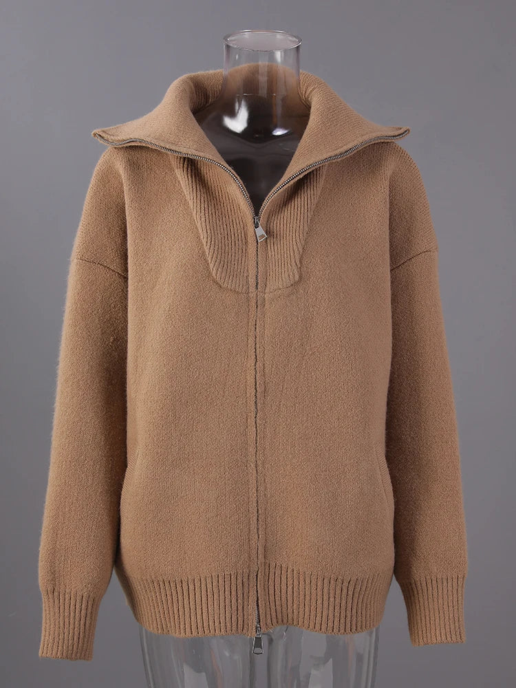Camel Big Size Thick Elegant Knitting Cardigan Sweater Lapel Long Sleeve Women New Fashion Tide Spring Autumn 2025 26D55
