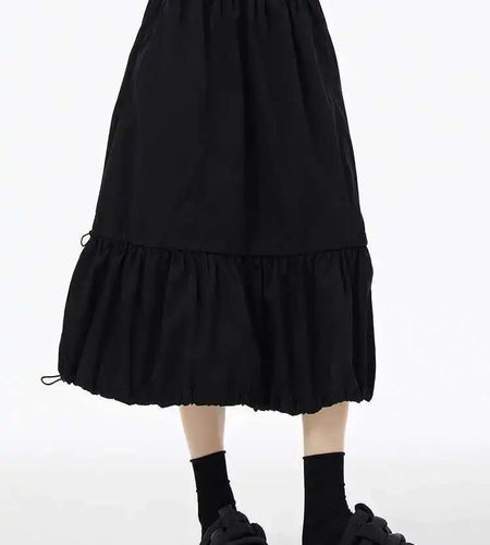 High Elastic Waist Black Drawstring Pleated A-line Half-body Skirt Women Fashion Tide New Spring Autumn 2025 1DH6607
