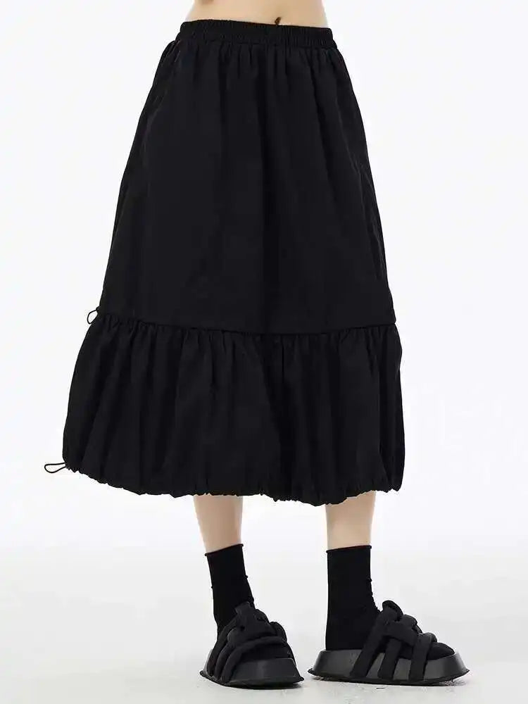 High Elastic Waist Black Drawstring Pleated A-line Half-body Skirt Women Fashion Tide New Spring Autumn 2025 1DH6607