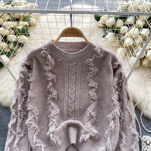 Load image into Gallery viewer, Autumn Winter Solid Loose Tassel Sweater Women Knitted Round Neck Pullover Women Long Sleeve Korean Version Warm Female Tops Y2k
