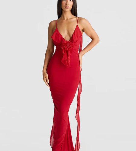 Sexy Spaghetti Strap Naked Back 3D Flower Women Dress Elegant V-neck Long Skirt Bodycon Strap Party Club Evening Dress