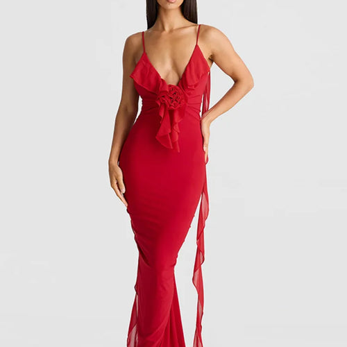 Load image into Gallery viewer, Sexy Spaghetti Strap Naked Back 3D Flower Women Dress Elegant V-neck Long Skirt Bodycon Strap Party Club Evening Dress
