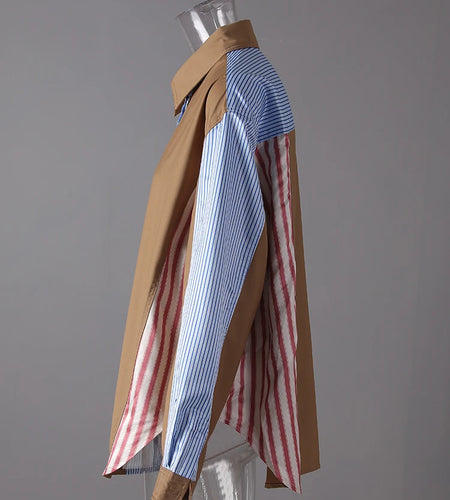 Women Khaki Striped Color-block Big Size Casual Blouse New Lapel Long Sleeve Shirt Fashion Tide Spring Autumn 2025 7AB8930