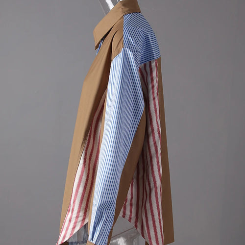 Load image into Gallery viewer, Women Khaki Striped Color-block Big Size Casual Blouse New Lapel Long Sleeve Shirt Fashion Tide Spring Autumn 2025 7AB8930
