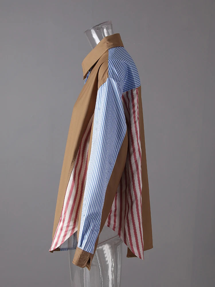 Women Khaki Striped Color-block Big Size Casual Blouse New Lapel Long Sleeve Shirt Fashion Tide Spring Autumn 2025 7AB8930