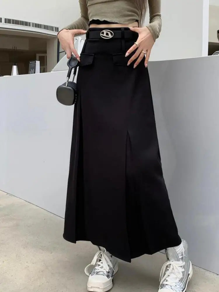 Korean Vintage Brown High Waist Slim Suit Pleated Skirts Women 2023 Spring Autumn Black With Belt A Line Party Long Skirt Casual