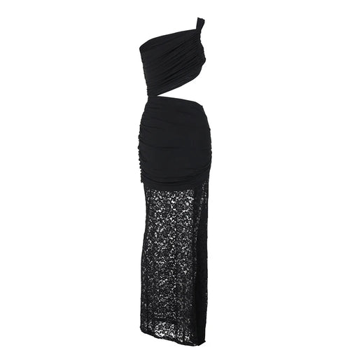 Load image into Gallery viewer, Hollow Out Lace Draped Sexy Maxi Dress For Women Gown Fashion One Shoulder Sleeveless Backless Bodycon Long Dress
