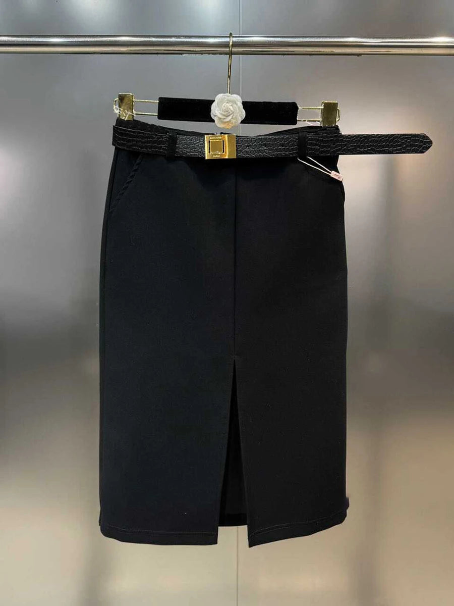 Solid Minimalist Slimming Skirts For Women High Waist Bodycon Split Patchwork Belt Skirt Female Fashion Clothing