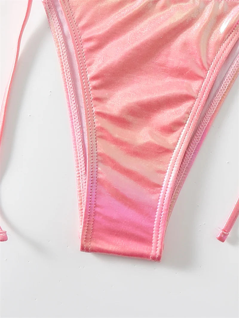 Halter Swimwear Shiny Pink Bikini Sets 2024 Sexy Bandage Women Swimsuit Brazilian Biquini Thong Bathing Suit