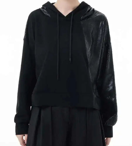 Black Spliced Casual Cool Sweatshirt New Hooded Long Sleeve Women Big Size Fashion Tide Spring Autumn 2025 1DH3873